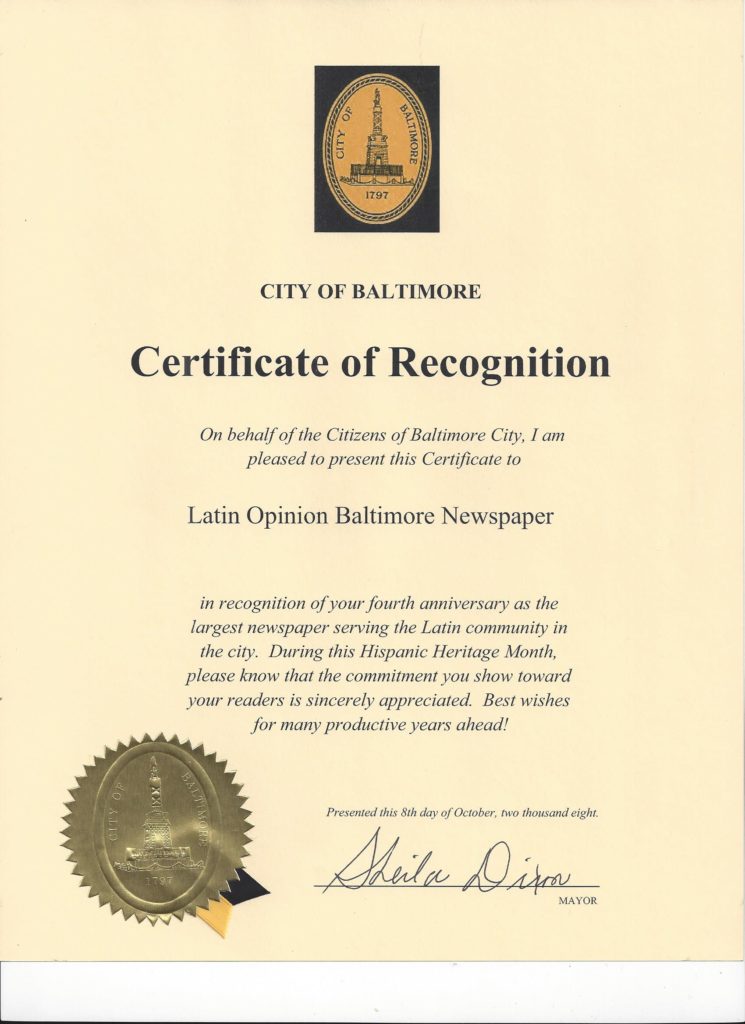 Certificate of Recognition from City of Baltimore, October 2008