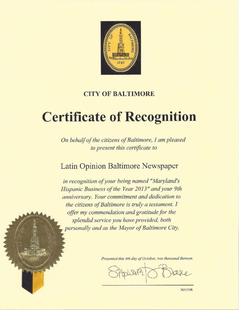 Certificate of Recognition from City of Baltimore, October 2013