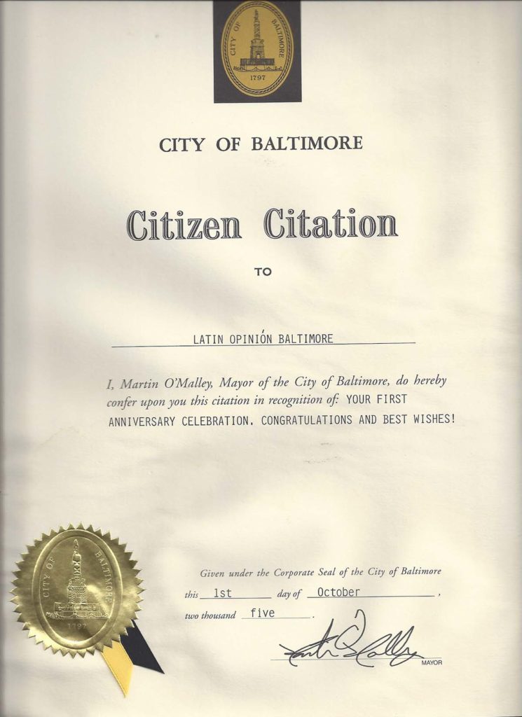 Citizen Citation from City of Baltimore, October 2005