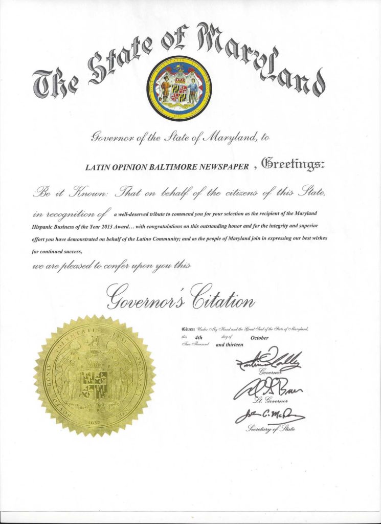 Governor's Citation from Governor of State of Maryland, October 2013