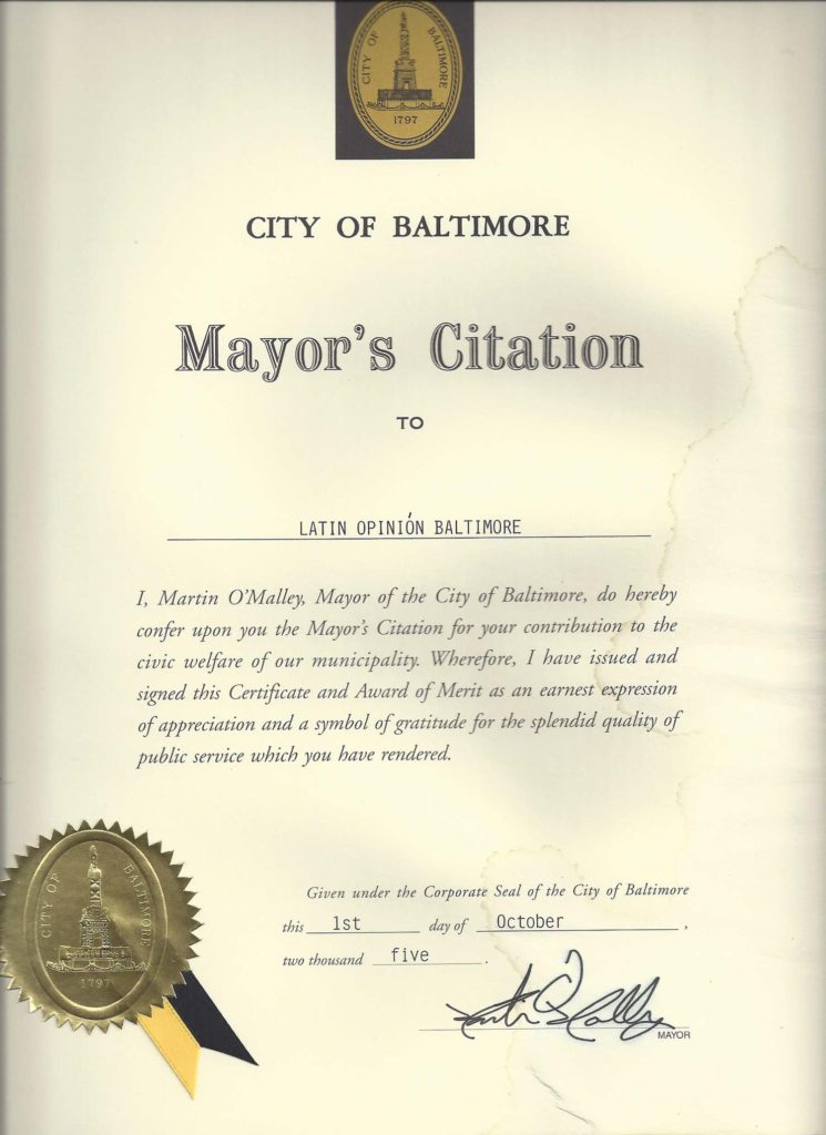 Mayor's Citation from City of Baltimore, October 2005