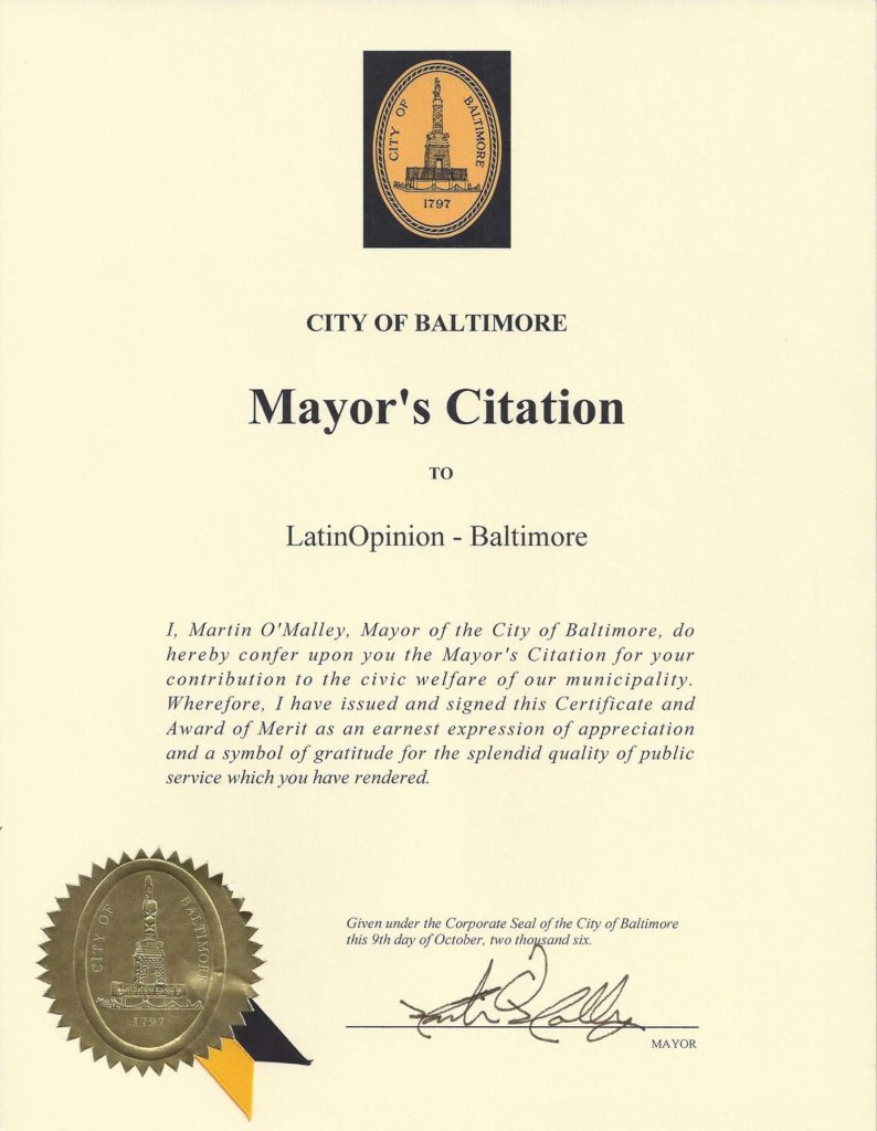 Mayor's Citation from City of Baltimore, October 2006