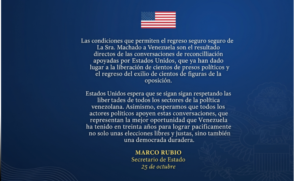 Palabras de Marco Rubio sobre el regreso de María Corina Machado a Venezuela Palabras de Marco Rubio sobre el regreso de María Corina Machado a Venezuela